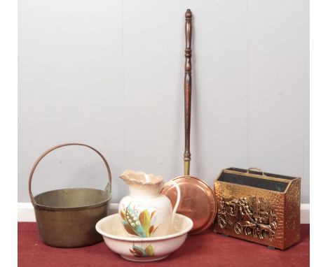 A quantity of miscellaneous. Ceramic Jug &amp; wash bowl, vintage brass bed warmer, brass magazine rack, Victorian brass jam 
