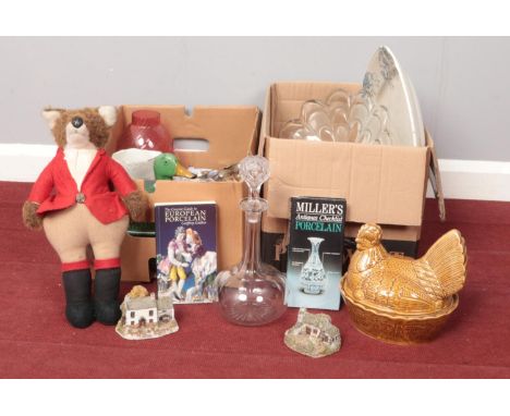 Two boxes of miscellaneous. Ceramic hen lidded bowls, Lilliput Lane house figures, glass decanter etc  