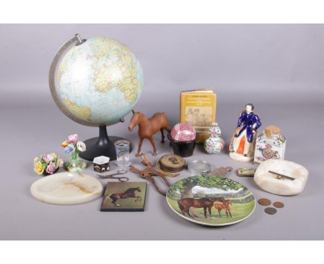 A box of assorted collectables. To include an antique  porcelain tea caddy with coat of arms crest  Staffordshire figure a wi