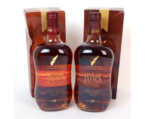 Two bottles of Isle of Jura single malt Scotch whisky one aged 16 years, 70cl, 40% volume, the other aged 21 years, 70cl, 40%