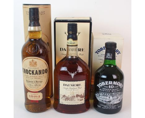Dalmore 12 year old single malt Highland Scotch whisky, Tobermory 10 year old single malt Scotch whisky, Knockando single mal