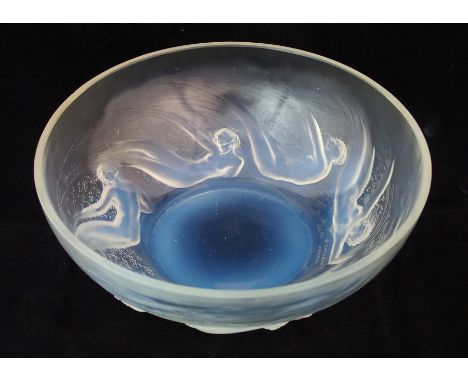 A Rene Lalique moulded opalescent glass "Ondines" bowl circa 1921, round bowl with undulating female nudes to exterior, wheel