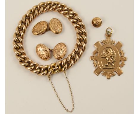 A collection of 9ct items to include a curb link bracelet, a Scottish medal a pair of 9ct engraved cufflinks and a dress stud
