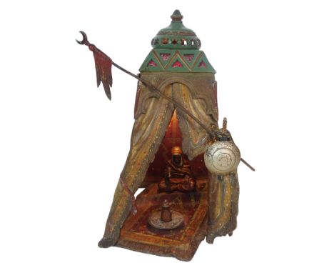An Austrian cold painted cast spelter figural lamp, after Franz Bergman (Austrian, 1861-1936) circa 1910, tent-form lamp with