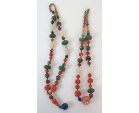 Two Chinese hardstone ceramic and silver bead necklaces with pierced brocade balls with shou characters, lapis lazuli, agate 