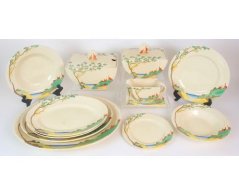 A Clarice Cliff Art Deco pottery "Secrets" pattern dinner service circa 1933, comprising twelve dinner plates, twelve large s