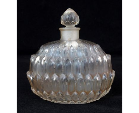 A Rene Lalique moulded glass "Amelie" perfume with sepia patina circa 1927, of squat ovoid-form, overlapping vertical leaves 