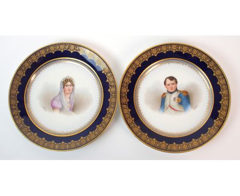 A pair of Sevres-style painted porcelain plates circa 1900, each of circular-form, centred with portrait of Napoleon to one a