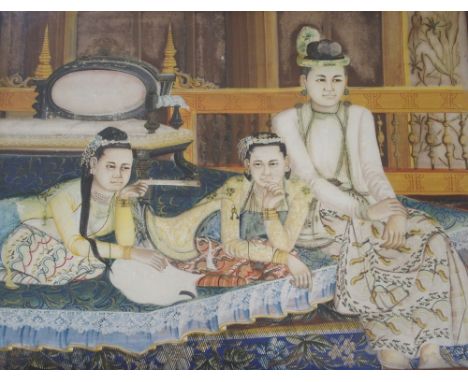 A Burmese portrait painting of a family resting in an interior Gouache on linen, within a carved foliate frame, 83 x 98cm