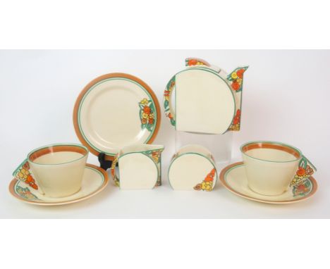 A Clarice Cliff "Stamford" pattern tea set for two comprising a teapot, two cups, two saucers, a tea plate, sugar bowl and cr