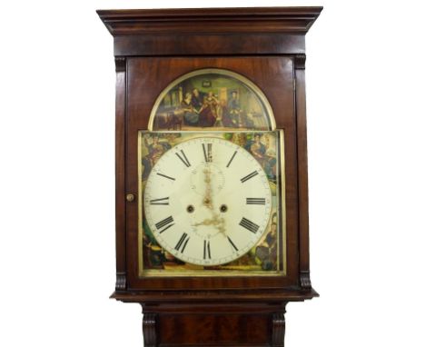 A longcase clock the painted dial with Auld Robin Gray above the Four Seasons enclosing minute and calendar dials in mahogany