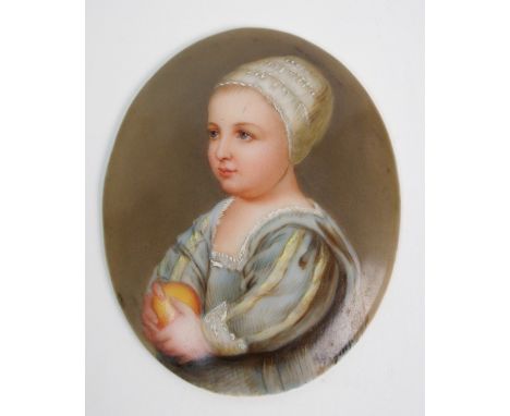 A Viennese painted porcelain portrait plaque by Wagner depicting a child holding an orange, signed "Wagner", impressed "15" a