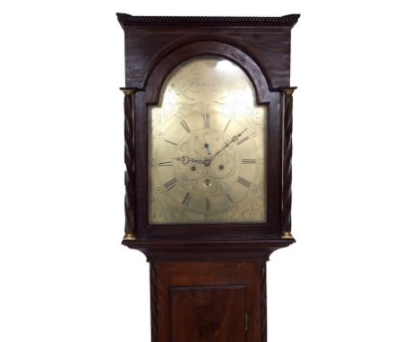 A longcase clock with brass face named to John Scott, Paisley, with seconds dial and calendar chapter ring, mahogany case, 20