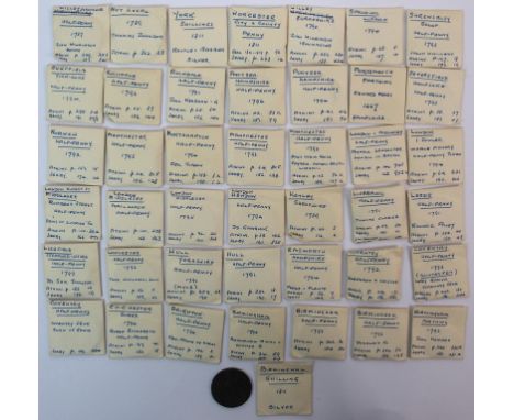 Collection of forty five English 18th Century Industrial copper Halfpenny tokens examples from Birmingham, Hull, Leeds, Liver