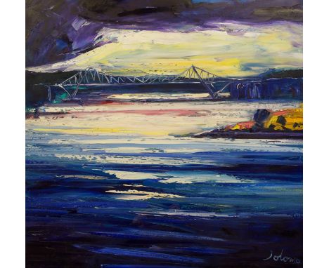 •JOHN LOWRIE MORRISON (Scottish b. 1948) EVENING LIGHT - CONNEL BRIDGE FROM BLACK CROFTS Oil on canvas, signed, 76 x 76cm (30