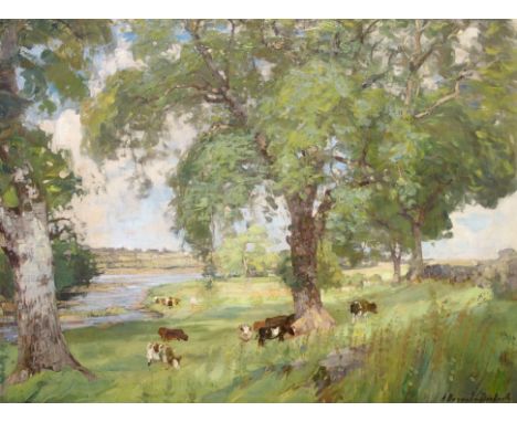 ALEXANDER BROWNLIE DOCHARTY (Scottish 1862 - 1940) GREEN PASTURES - RIVER GIRVAN, KILKERRAN Oil on canvas, signed, 67 x 91cm 