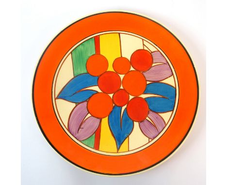 A Clarice Cliff Art Deco "Berries" pattern plate round plate with stylised fruit and leaves to centre, orange banded rim, pri