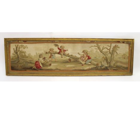 An 18th Century Flemish tapestry of four children playing on a makeshift see-saw in a country house garden, in gilded frame, 