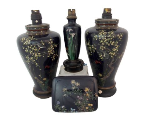 A Japanese cloisonne rectangular box and cover decorated with flowers, 14cm wide, a pair of baluster vases decorated with bir