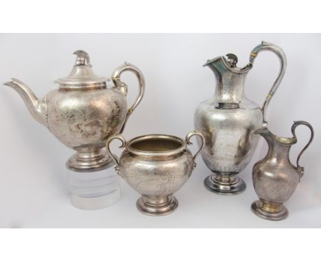 A Victorian silver three piece tea service by D. C. Rait & Son, Glasgow 1848, of globular shape finely chased with a chariote