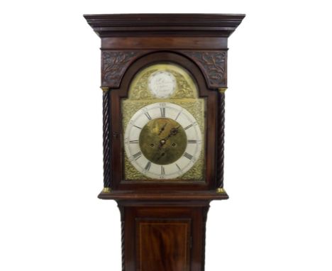 A longcase clock the brass and silvered dial named Jn Dobbie, Calton, Glasgow with dolphin spandrels, minute and calendar dia