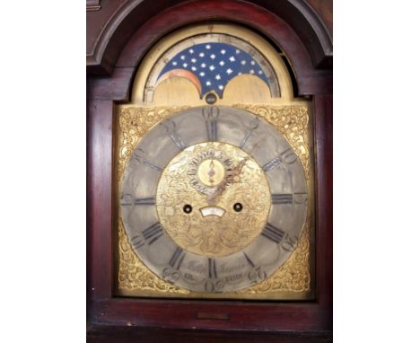 A longcase clock the brass and silvered dial named to John James, Kilbride, with moon-face above seconds dial and calendar ch