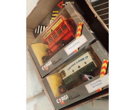 Corgi Classics 1/50 scale railway company AEC trucks and a further Thornycraft bus and van all boxed