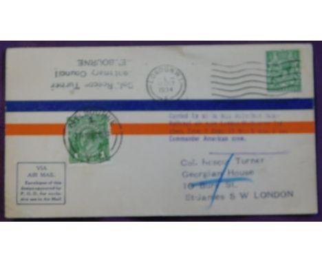 Great Britain 1934 Aviation history airmail envelope cancelled London and Melbourne, annotated "Carried by us in MacRobertson