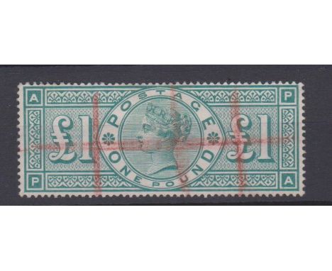 Great Britain 1891 £1 green, SG 212 light red crayon registered cancel. Cat £350