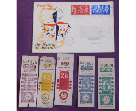 Great Britain 1951 Festival of Britain London Transport Bus tickets 1.1/2d, 3d, 6d and 2s6d old mint; 1s3d well used with Fes