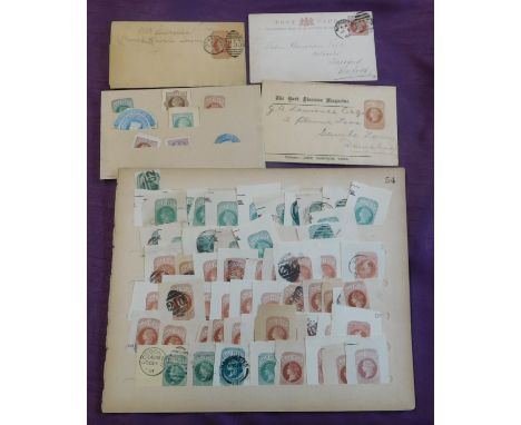 Great Britain 1885-1901 pre-paid 1/2d green and brown wrapper postage cut outs on stock page plus small stockcard. Possible p