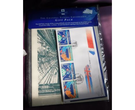 Great Britain 1994 Channel Tunnel souvenir pack of book, 1st day covers x2, presentation pack and philatelic document