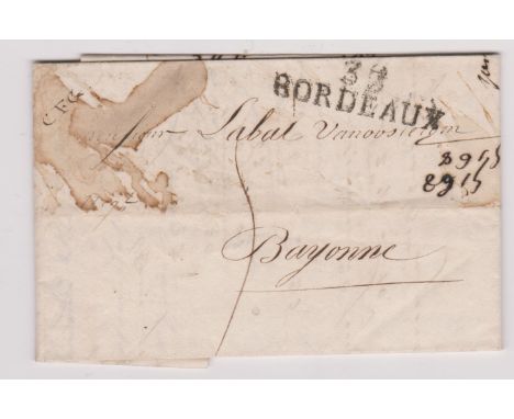 France 1820 -  EL dated 1820 Bordeaux posted to Bayonne, Bordeaux milage cancel, numerous old time calculations on letter