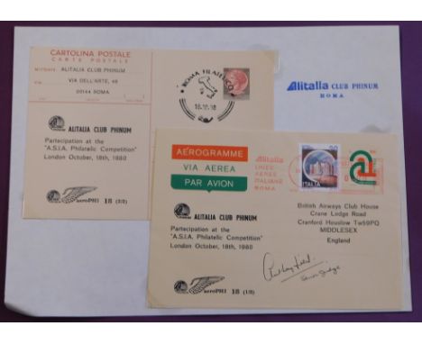 Italy 1980 pair of stationery items issued for Alitalia Club Phinum Philatelic Competition London 1980, cancelled Rome signed