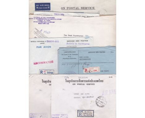 Far East group of 16 registered post free Official Bulletin de' Verification Envelopes posted to Crawley, (1) Dutch Antilles,