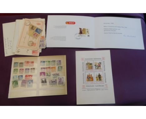 Denmark 1875-1998 used postage on stock card. 2x Danish Post Xmas, 1x pre-paid used postcard, 1x cover front, 1x FDCs and 4x 