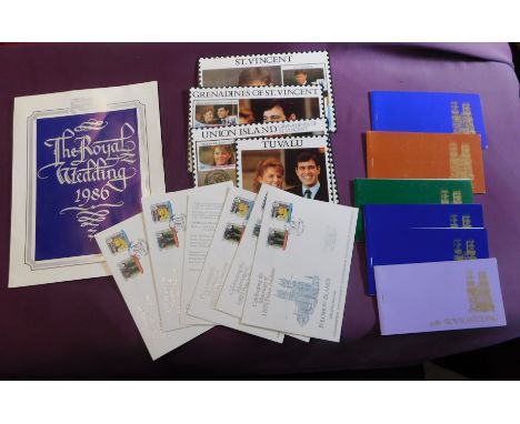British Commonwealth 1986 collection of commemorative stamp booklets, Masa cards, FDCs and Presentation folder for Royal Wedd