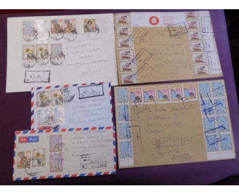 Iraq 1998-1999 5x philatelic covers posted registered to same address in Germany, nice array of postage and cancels