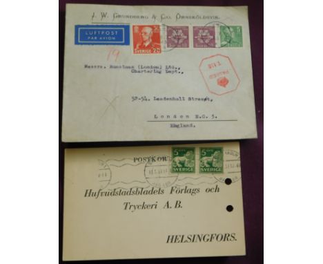 Sweden 1937-1943 trade pre-printed postcard cancelled on SG 96Bb pair cover posted airmail to London, cancelled Ornskoldsvik 