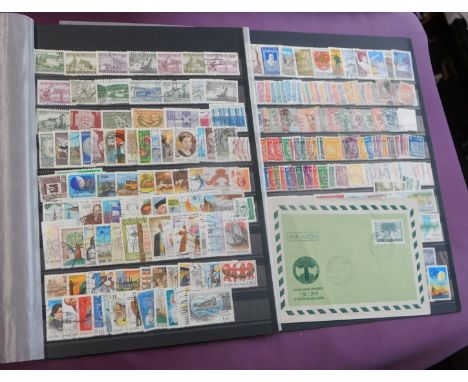 Finland 1889-1987 used on 2 double sided stock pages (100s), 1979 stamp booklet, 1952 envelope piece cancelled Helsinki Olymp