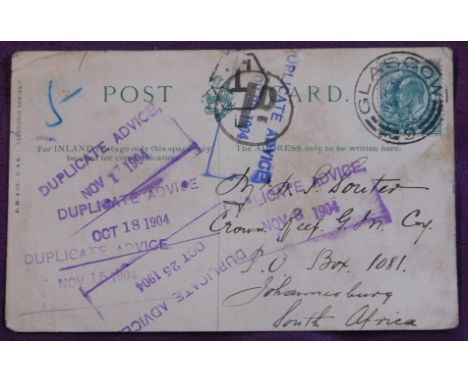 Great Britain 1904 picture postcard of Glasgow posted to Johannesburg. Cancelled Glasgow 21 Sept 1904 1d circle and 'T' frame