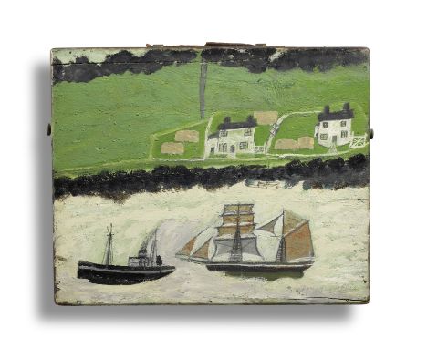 Alfred Wallis (British, 1855-1942)A Steamship and a Schooner Passing the Coast (recto); A Path Through a Wood (verso) signed 