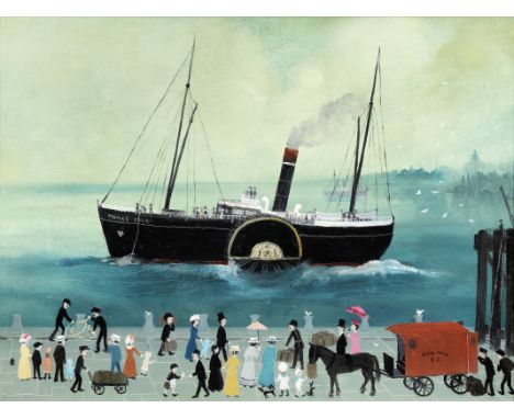Helen Bradley (British, 1900-1979)Waiting at Liverpool to go to the Isle of Man signed with fly insignia (lower left); furthe