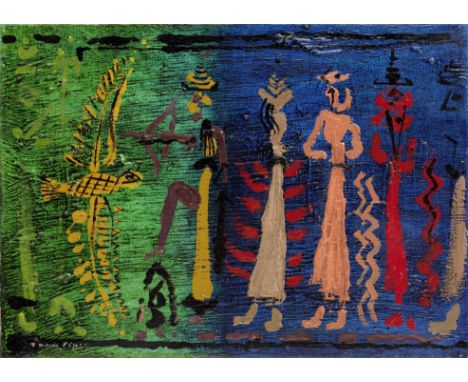 John Piper C.H. (British, 1903-1992)Figures from a Cretan Seal signed 'John Piper' (lower left)oil on canvas25.4 x 35.6 cm. (
