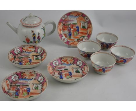 A small selection of Chinese 18th century porcelain export items to include a teapot with cover lid decorated with leisurely 