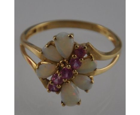 A 9ct gold, opal and pink sapphire cocktail ring