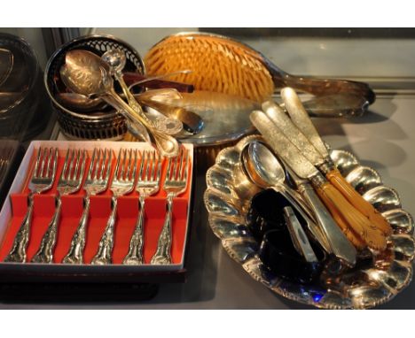 Five Victorian silver fiddle pattern teaspoons, a silver fork and spoon, a mother of pearl fruit knife, assorted other silver