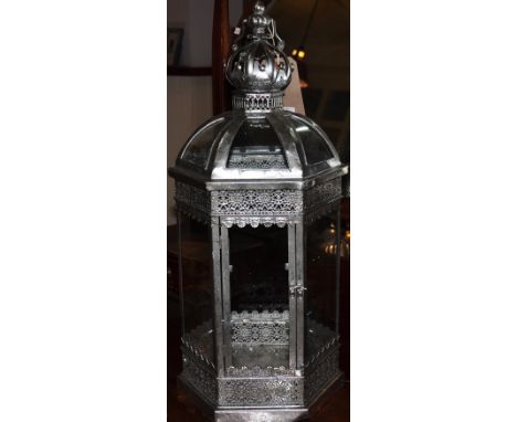 A vintage style silvered metal hexagonal lantern, H. 62 cm