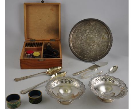 A quantity of assorted plated ware, together with two cloissonee napkin rings, a pair of opera glasses, and a boxed child's m
