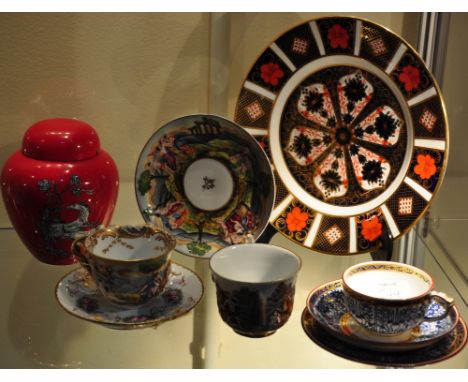 A Royal Crown Derby Imari pattern plate, a Worcester trio, Crown devon jar and cover and two Naples cups and saucers